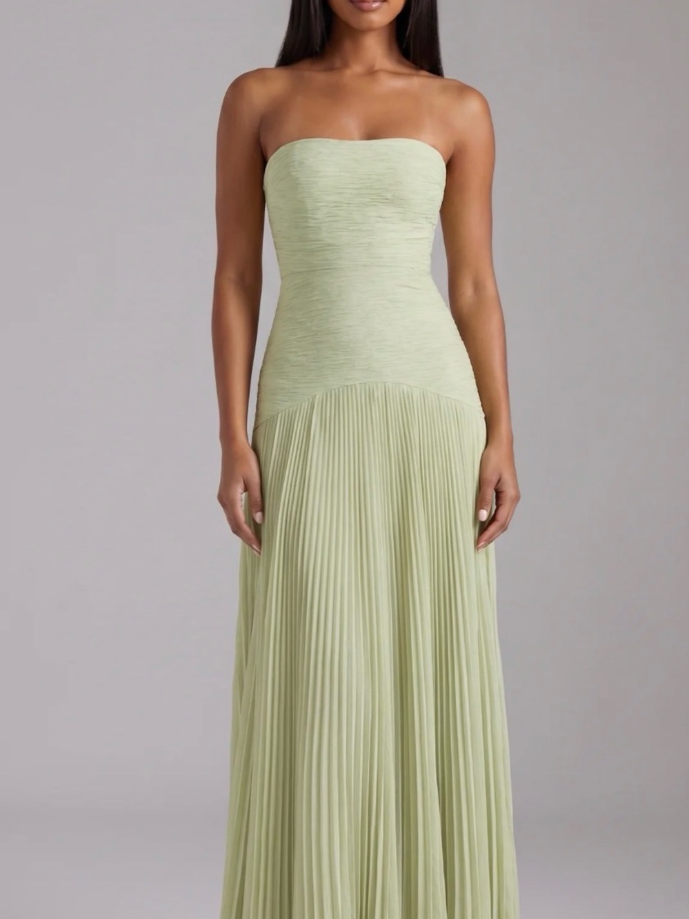 Strapless Sage Green Ruched Pleated Dress